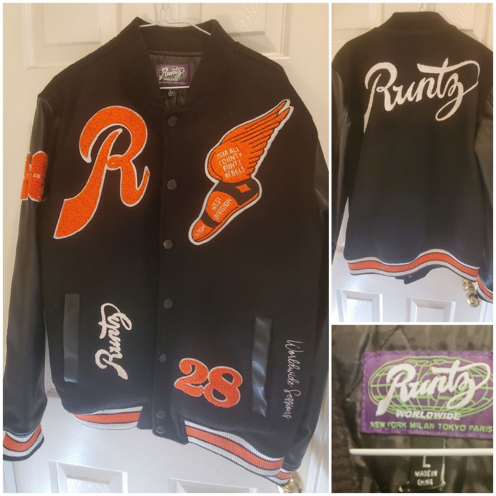 Letterman Jacket by Runtz Worldwide. Leather Sleeves & Trim - Size Large.